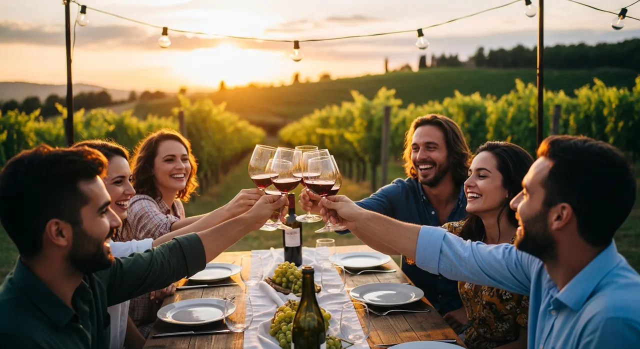 Friends toasting wine glasses around a rustic outdoor table at sunset in a Tuscany vineyard with warm string lights